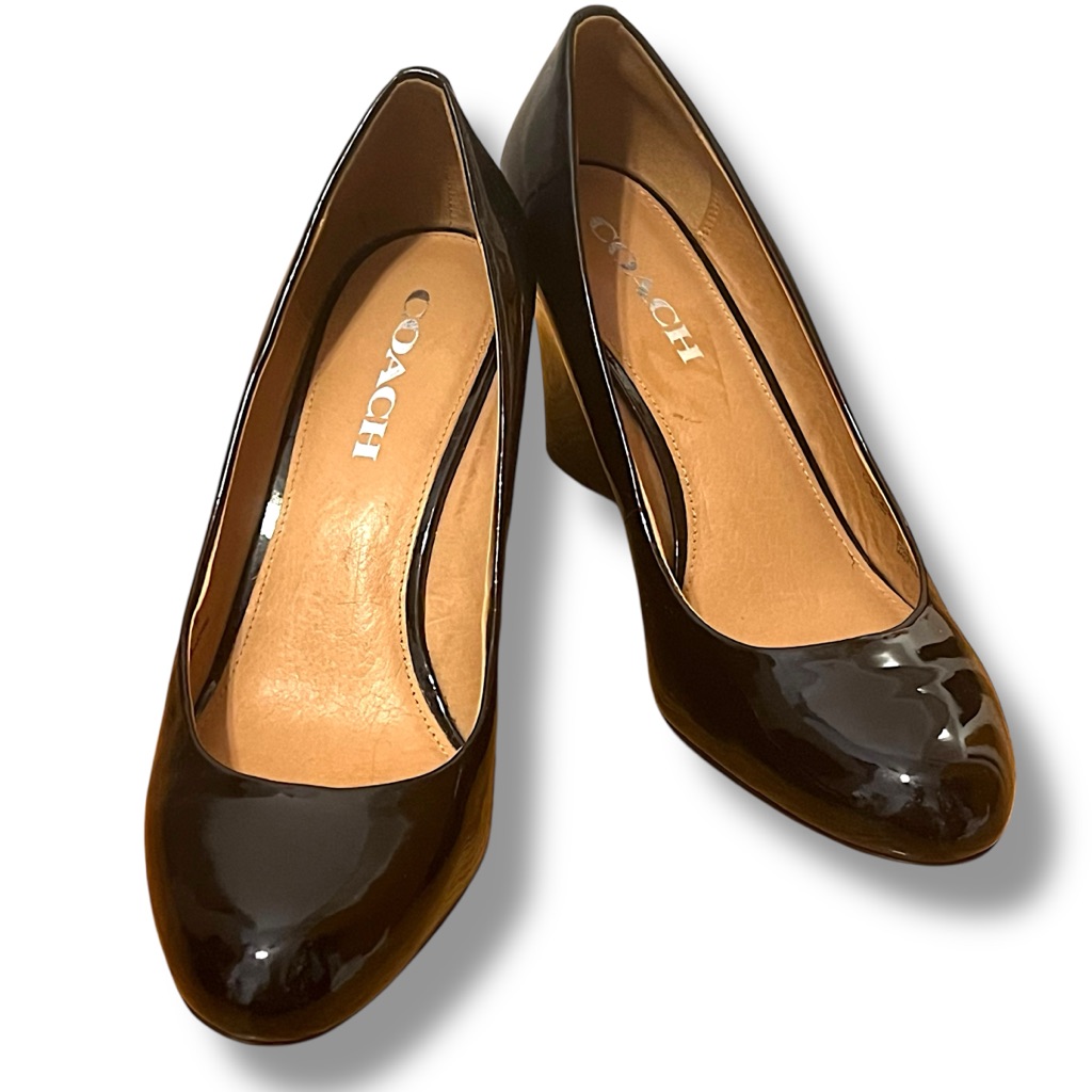 Black Patent Leather Coach Slip-On Wedge Heel Pump